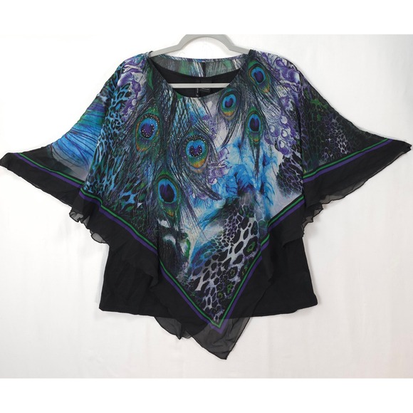 new directions Tops - Peacock Print Poncho Blouse Sheer Overlay Beaded L Boho Statement Top Resort
